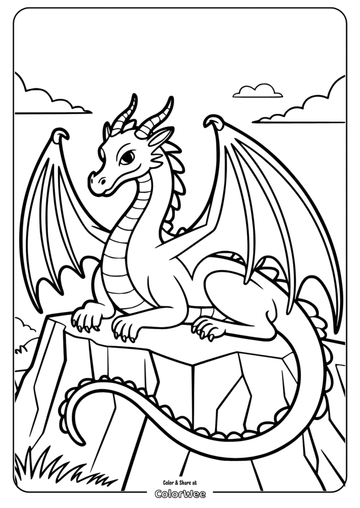 Dragon coloring page for kids with wings and horns on a rock