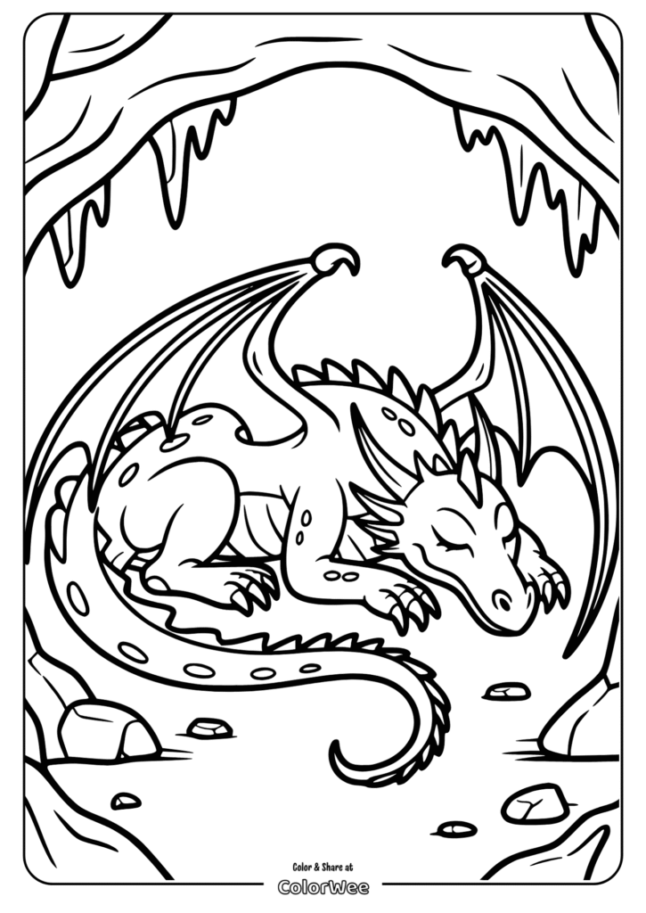 Sleeping dragon in cave coloring page for kids.