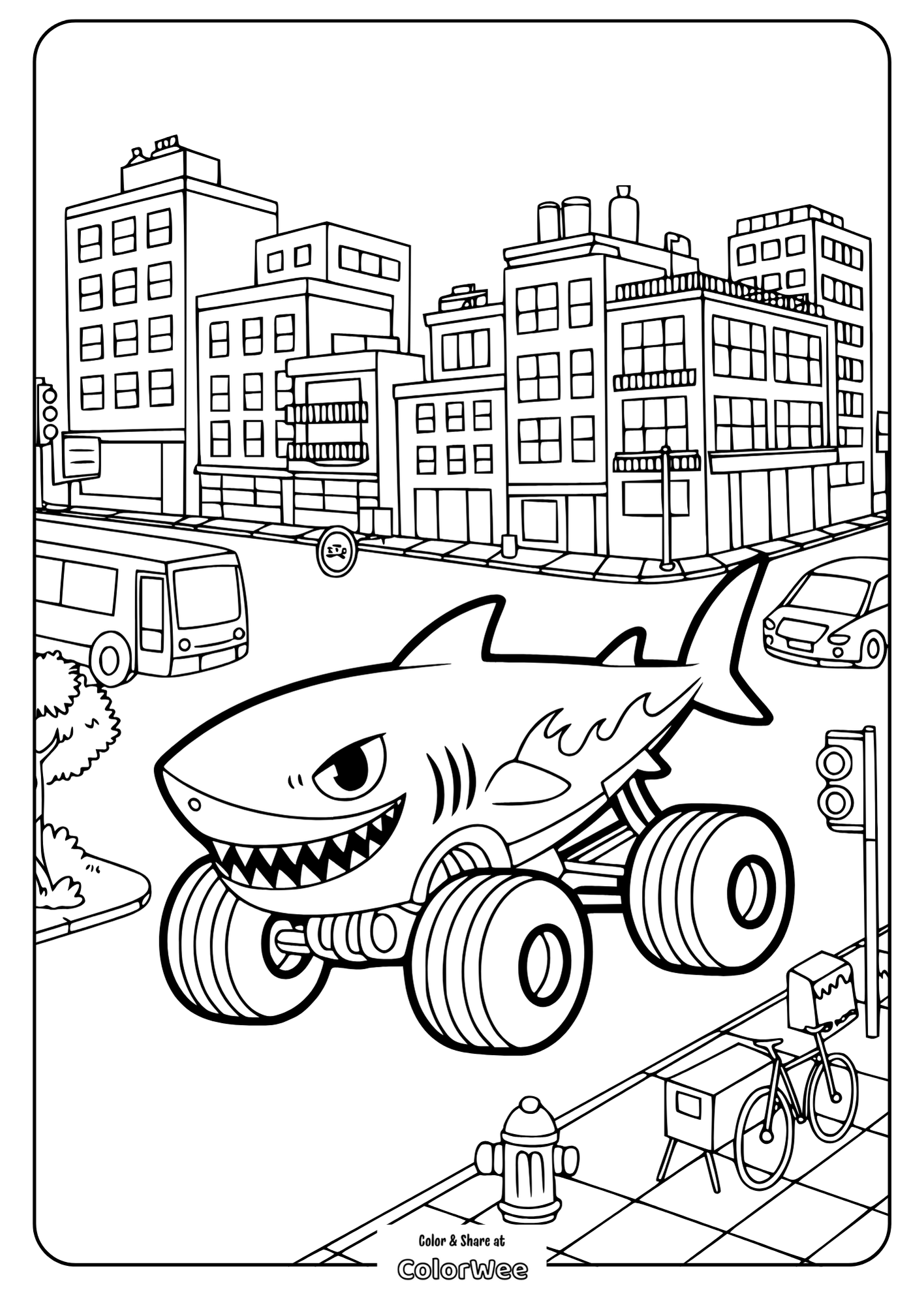 Monster truck shark in city coloring page for kids.