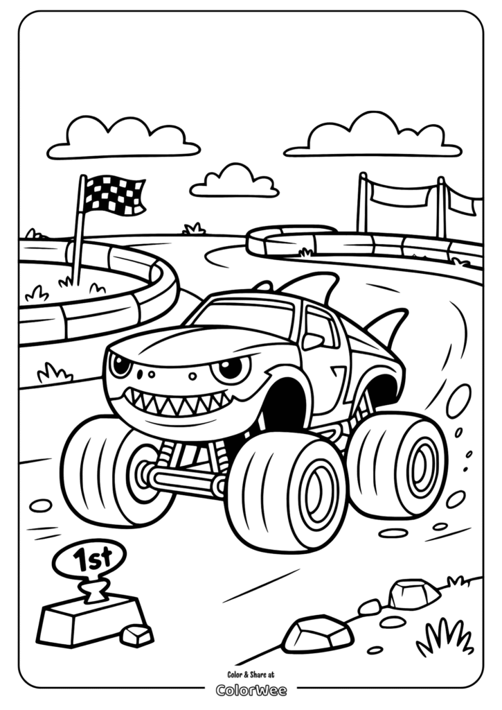 Monster truck coloring page with racing theme and checkered flag.