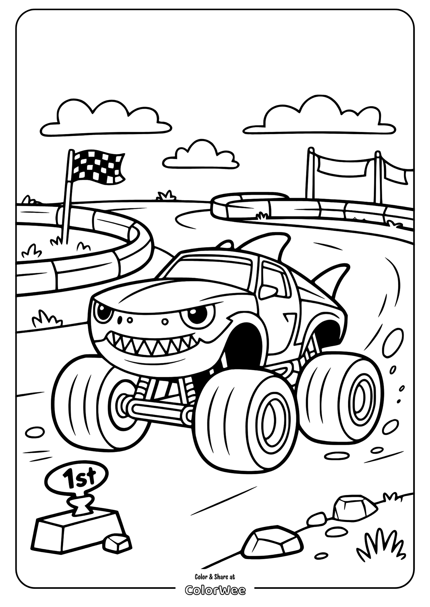 Monster truck coloring page with racing theme and checkered flag.