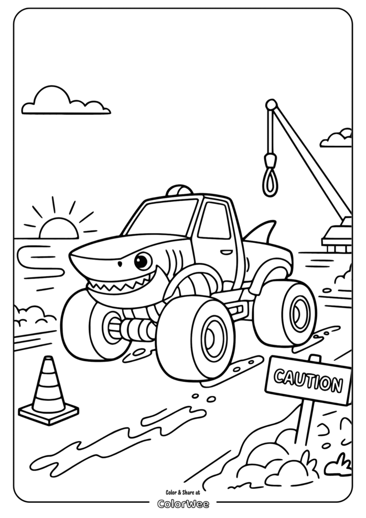 Shark truck coloring page with sunset and caution sign.