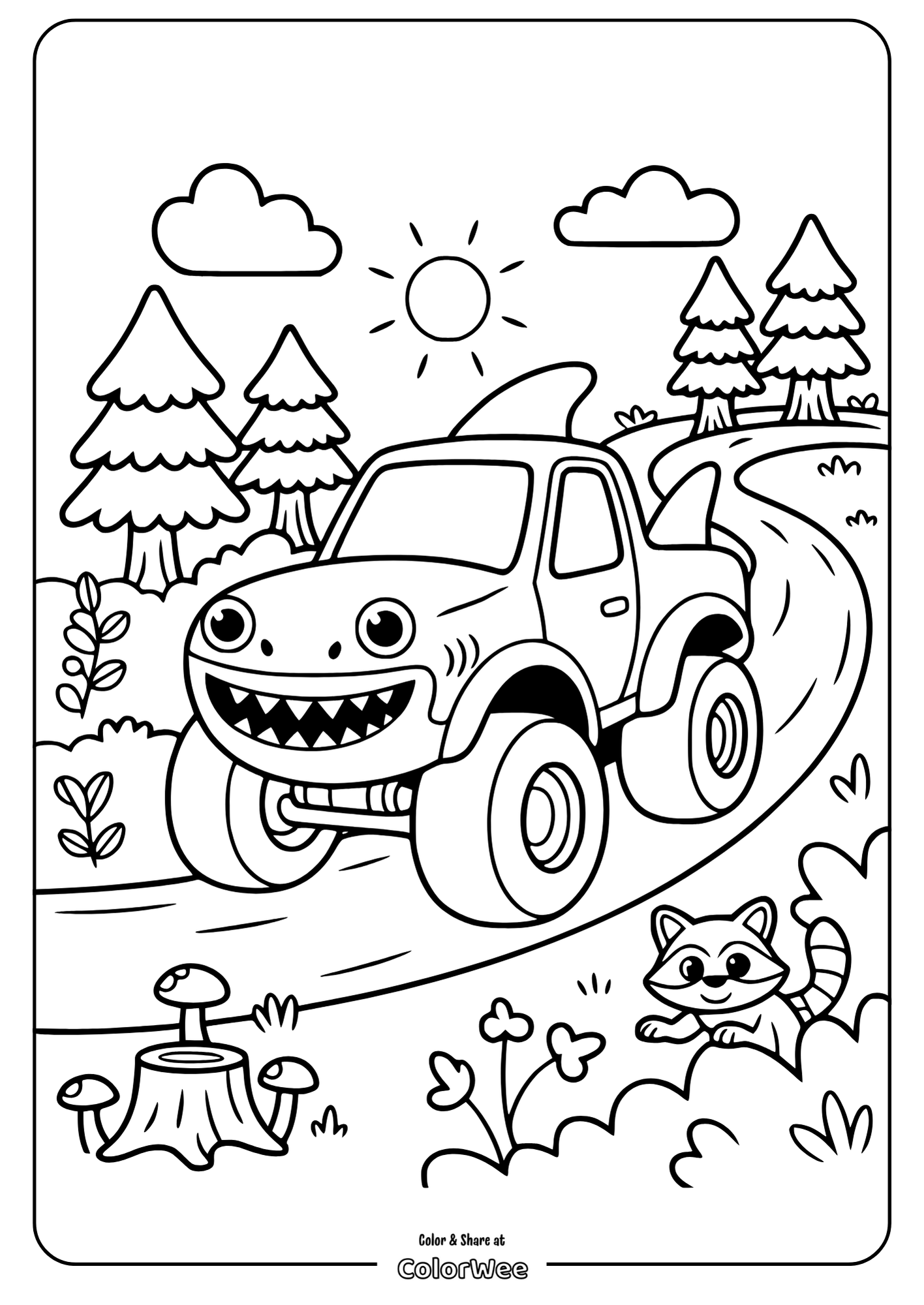 Monster truck in forest coloring page with smiling sun and raccoon.