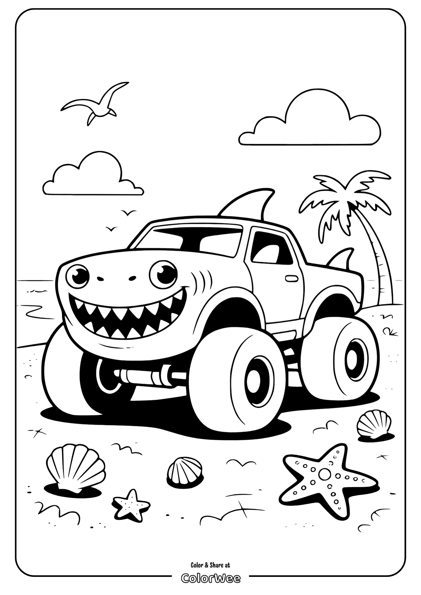 Shark-themed monster truck on a beach coloring page.