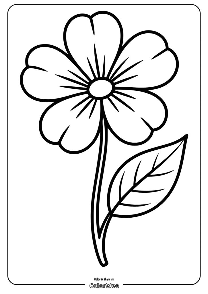 Flower coloring page with petals and single leaf.