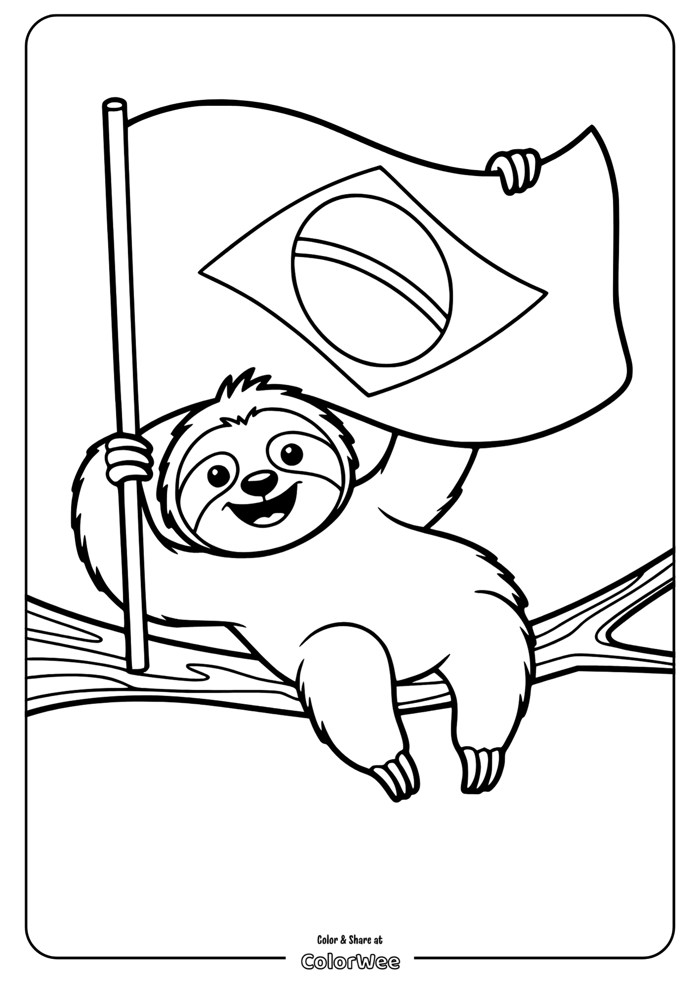 Sloth holding Brazil flag coloring page.