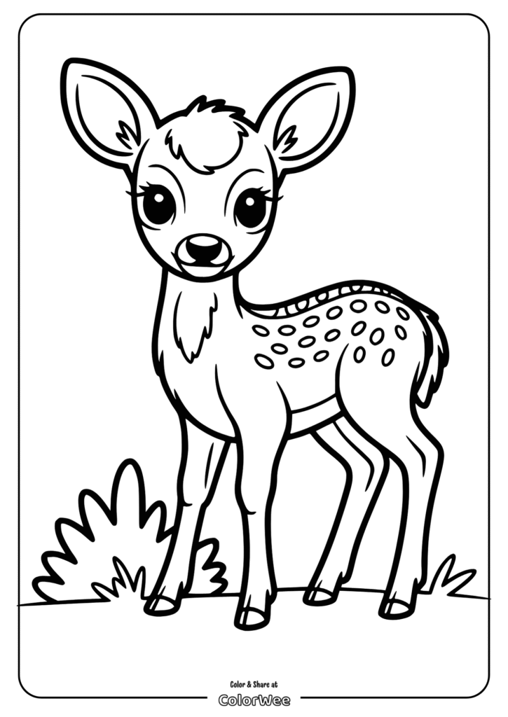 Cute fawn coloring page with big eyes and spots.