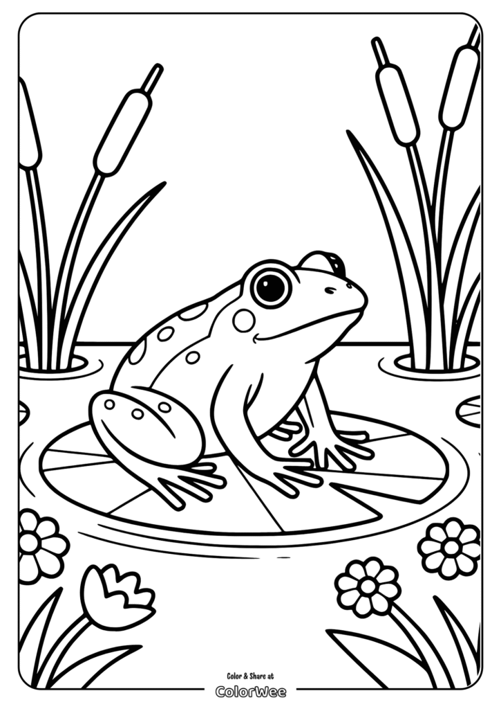 Frog on lily pad coloring page, with flowers and cattails.