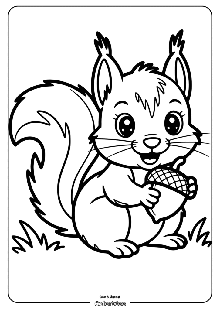 Cute squirrel with acorn coloring page for kids.