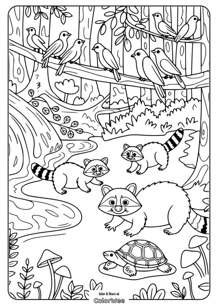 Raccoons and birds in a forest coloring page.