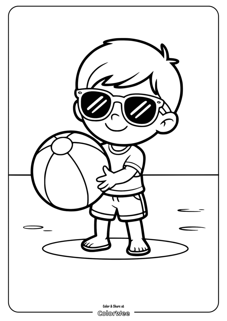 Child with sunglasses and beach ball coloring page.