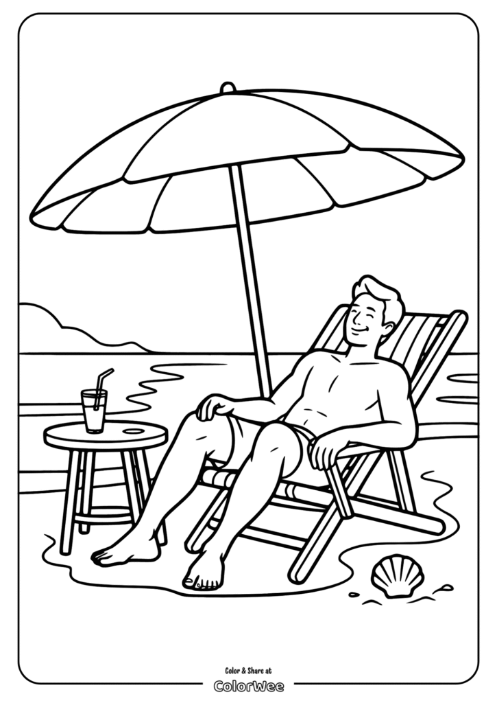 Beach scene coloring page: person relaxing on a chair under an umbrella.