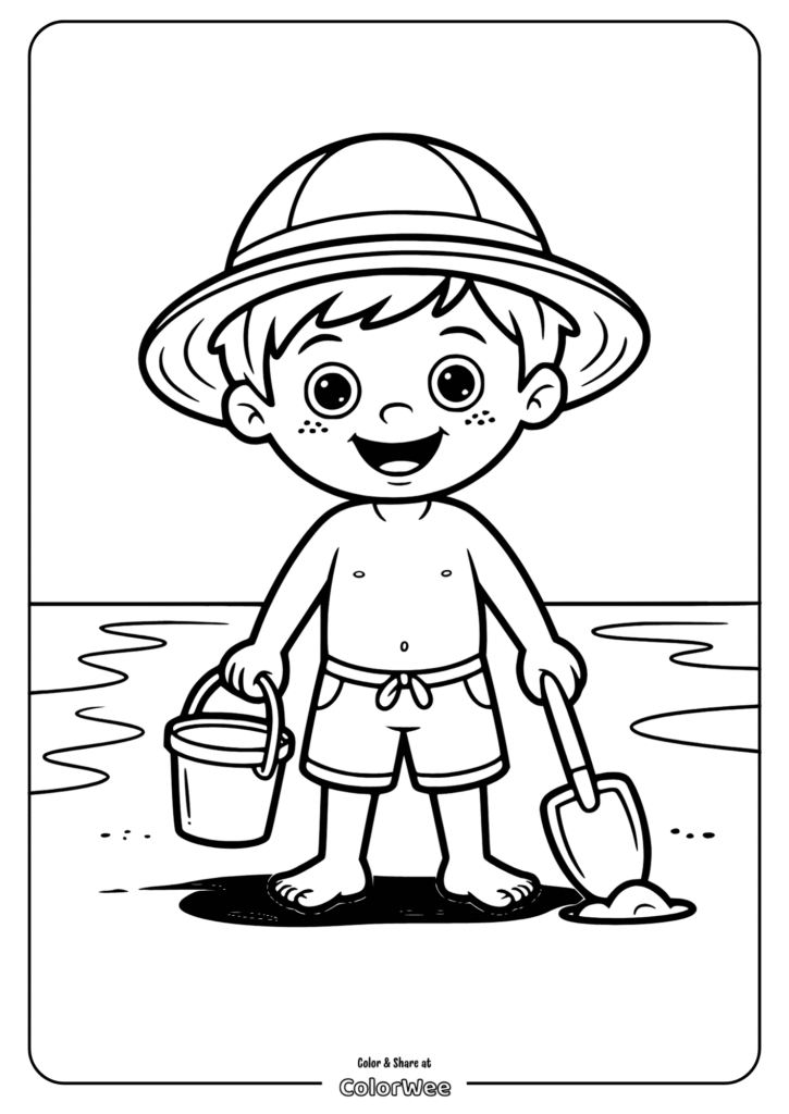 Boy enjoying beach with bucket and spade coloring page.