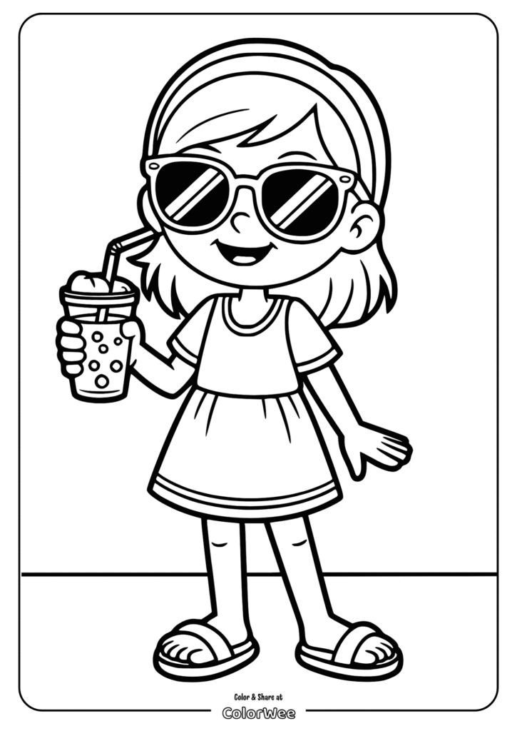 Girl in sunglasses holding a drink coloring page for kids.