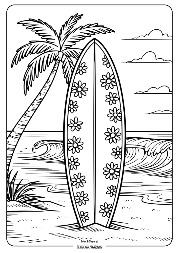 Surfboard and palm tree by the ocean coloring page.