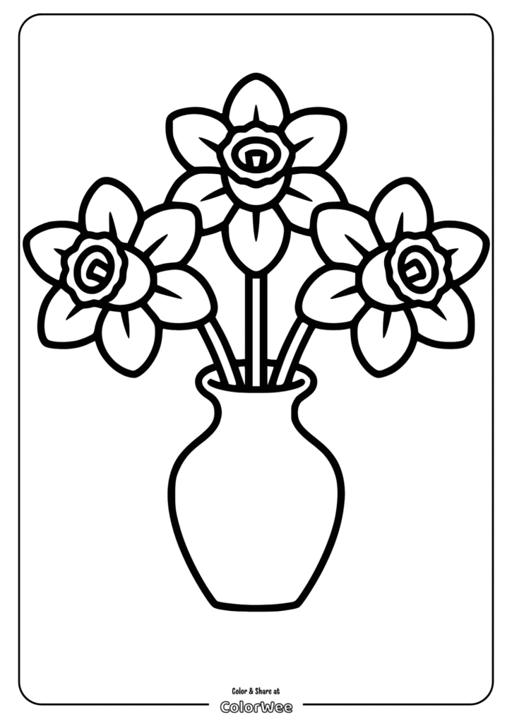 Three daffodils in a vase coloring page.