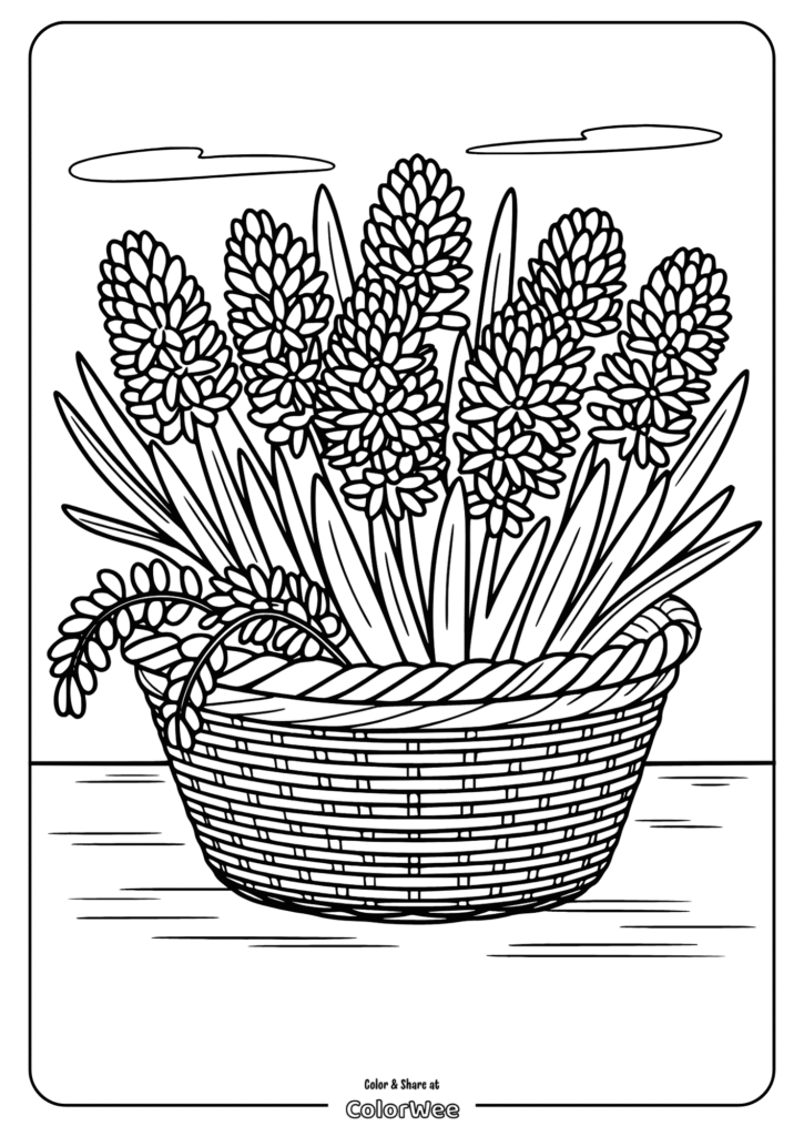 Basket of flowers coloring page for kids.