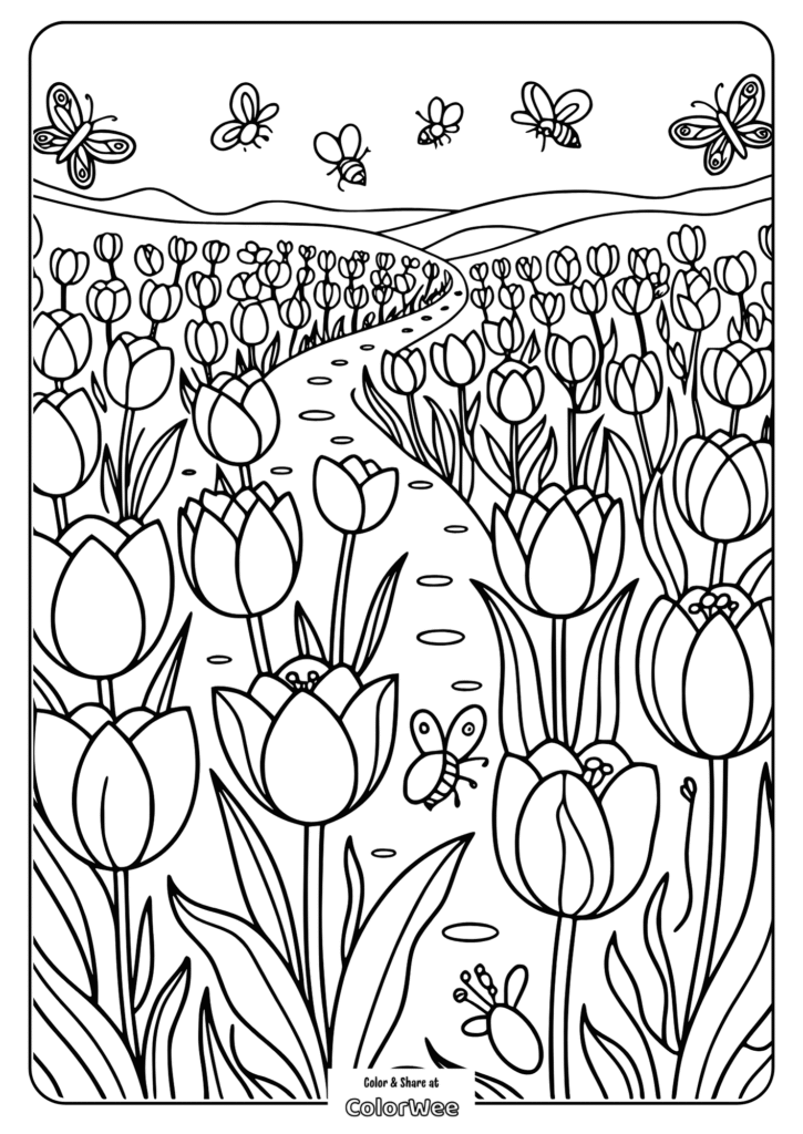 Tulip field with butterflies coloring page for kids.