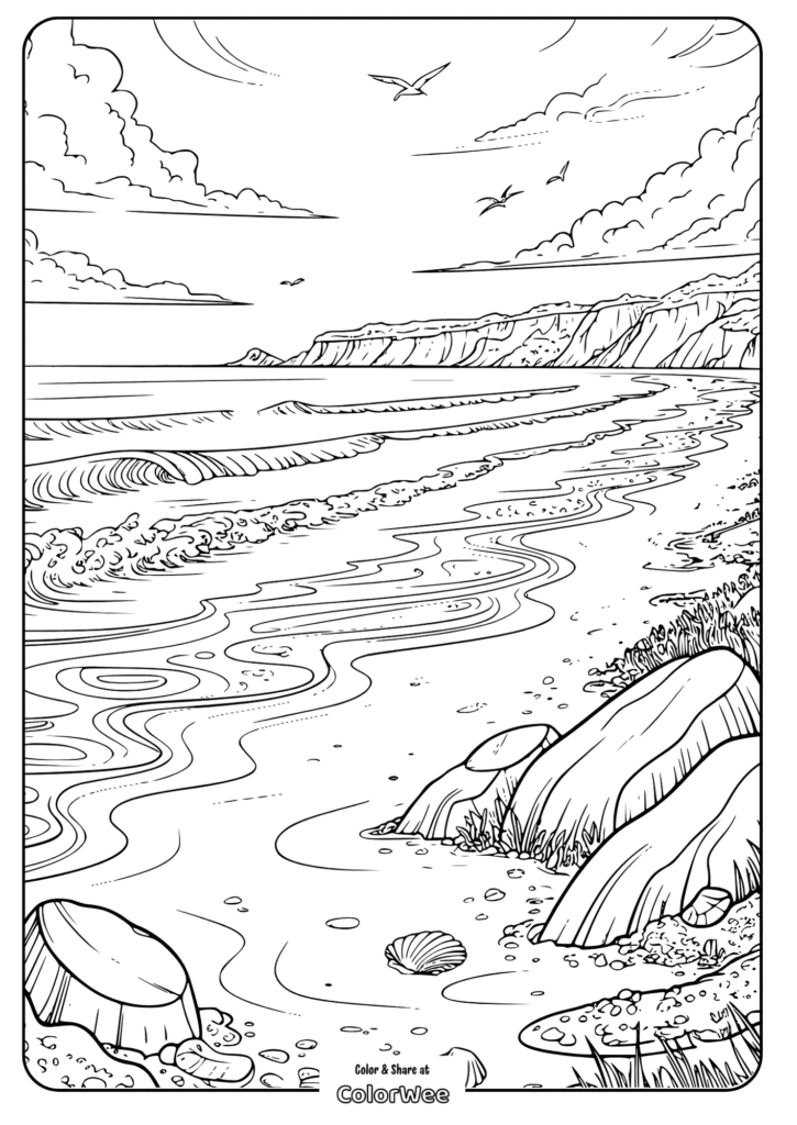 Beach scene coloring page with waves, cliffs, and seagulls.