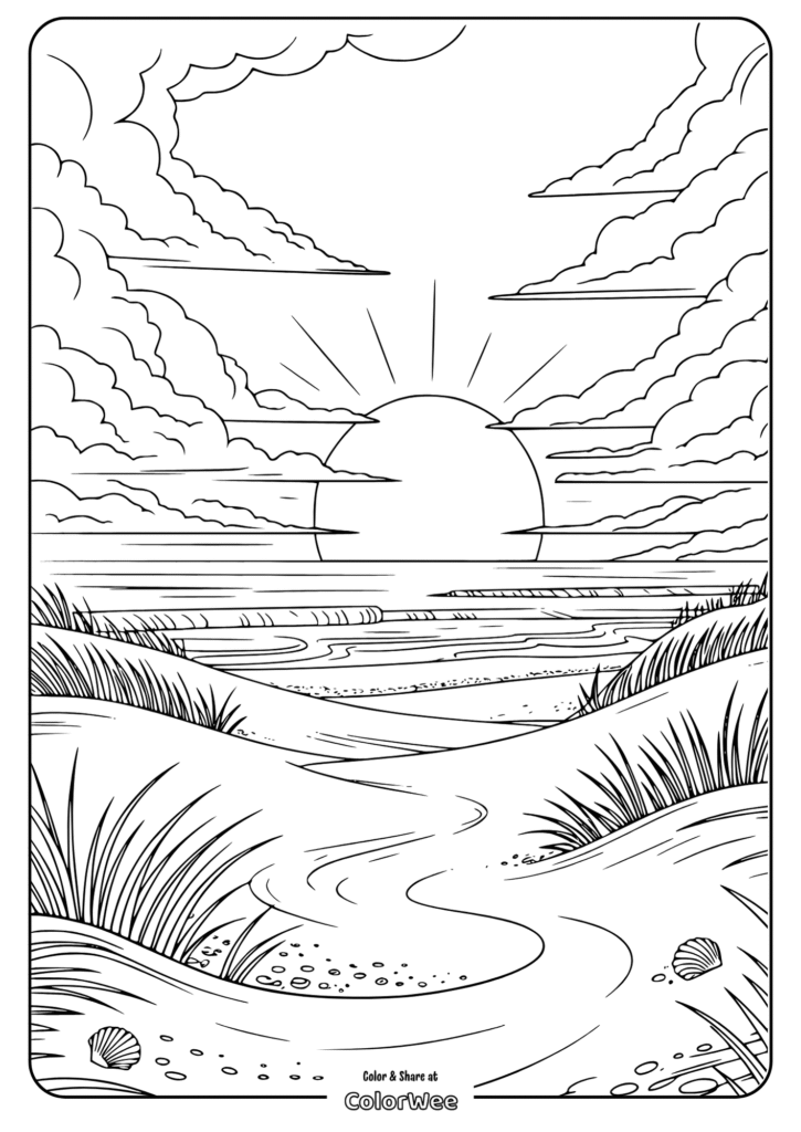 Sunset beach scene coloring page with dunes and seashells.