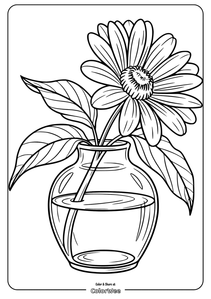 Flower in vase coloring page outline. Perfect for adult coloring.