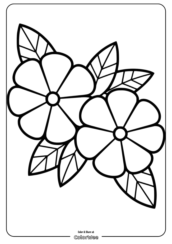 Coloring page with two flowers and leaves outline.