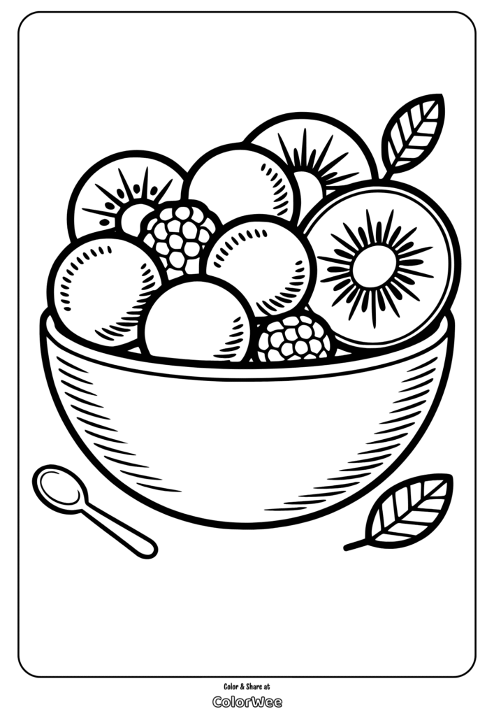 Coloring page: Fruit bowl with various fruits and spoon.