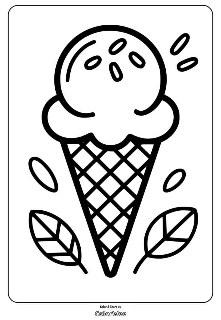 Ice cream cone coloring page with leaves and sprinkles.