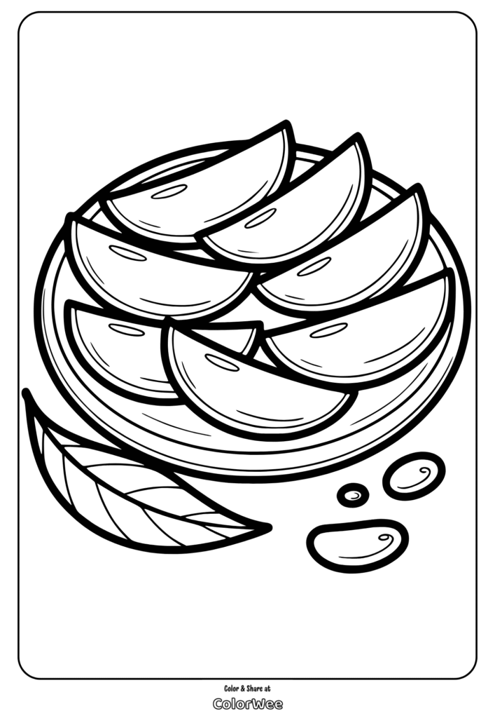 Coloring page of sliced apples on a plate with a leaf and seeds.