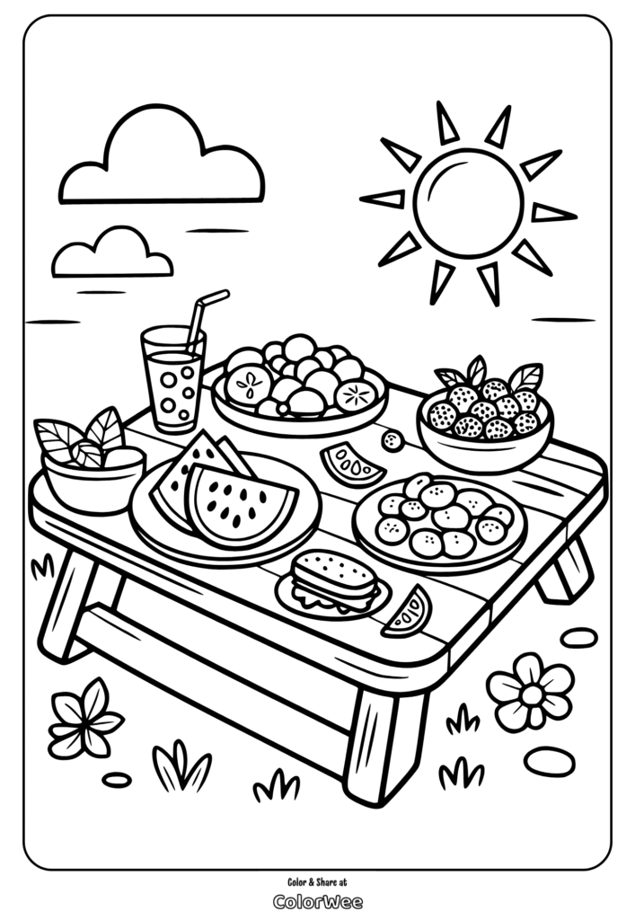 Picnic table with fruits and a sunny sky coloring page.