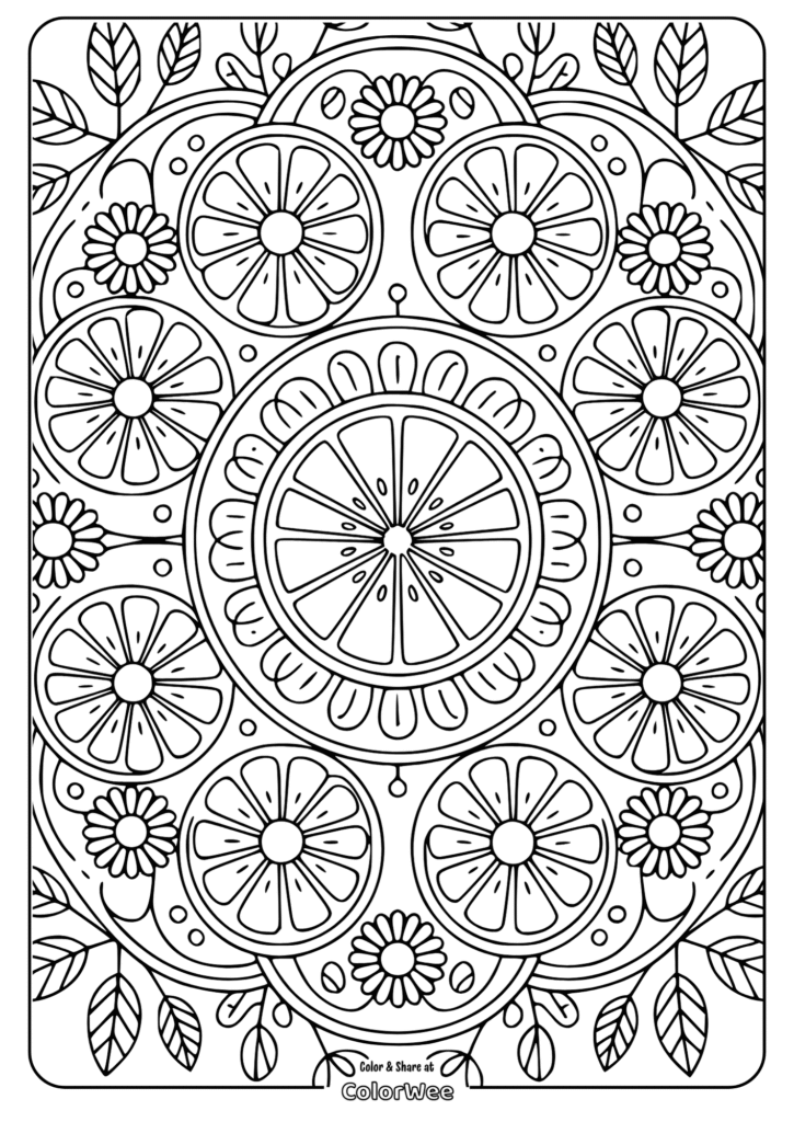 Floral mandala coloring page with intricate leaf patterns.