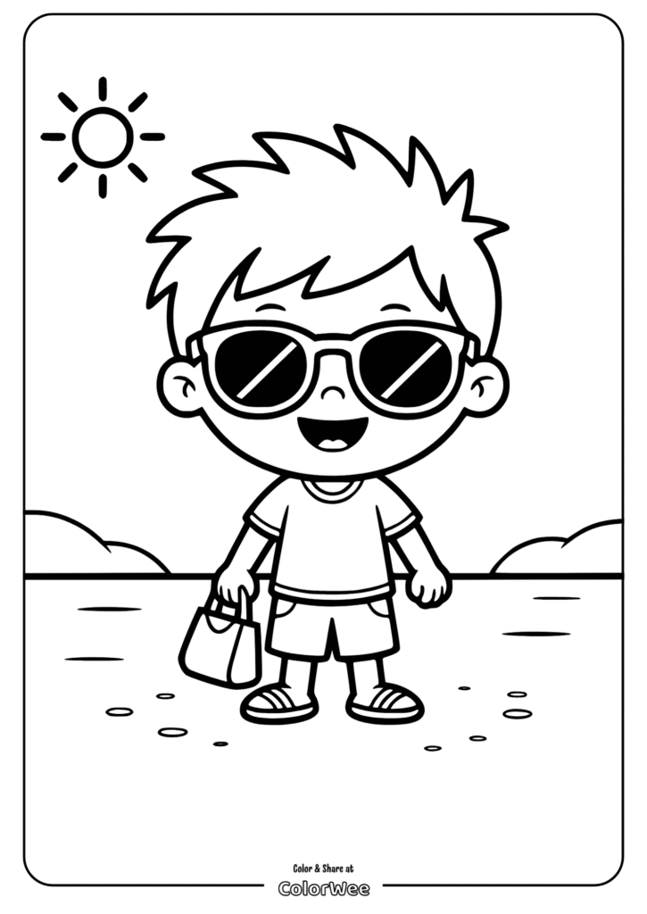 Kid with sunglasses at the beach coloring page.