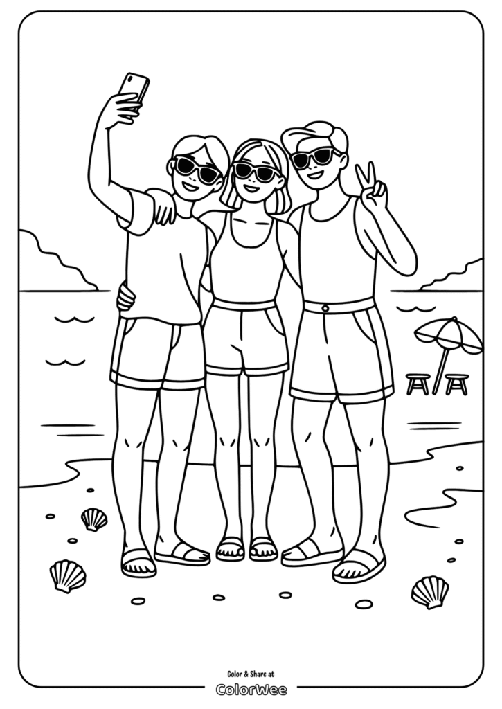 Friends taking a beach selfie coloring page with shells and waves.