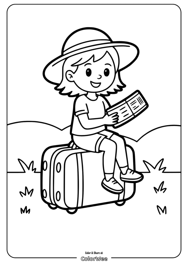 Young traveler on suitcase reading a map coloring page.