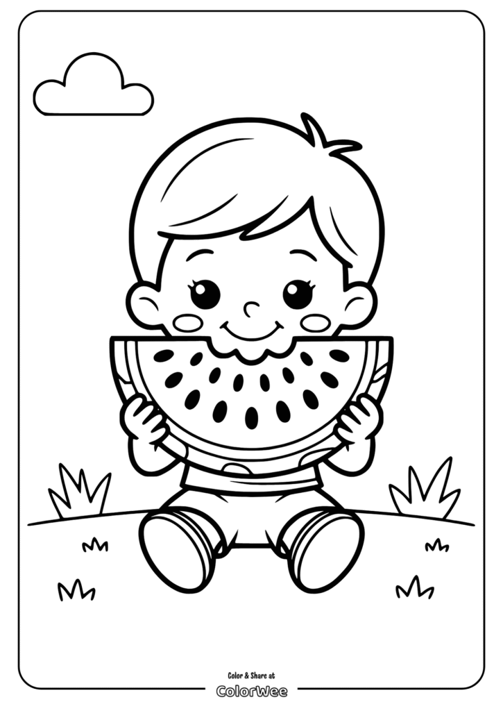 Coloring page: cute child with watermelon outdoors.