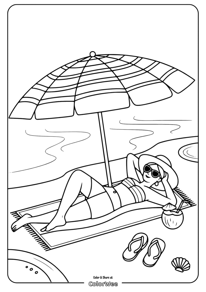 Relaxing beach day coloring page with sunhat and umbrella