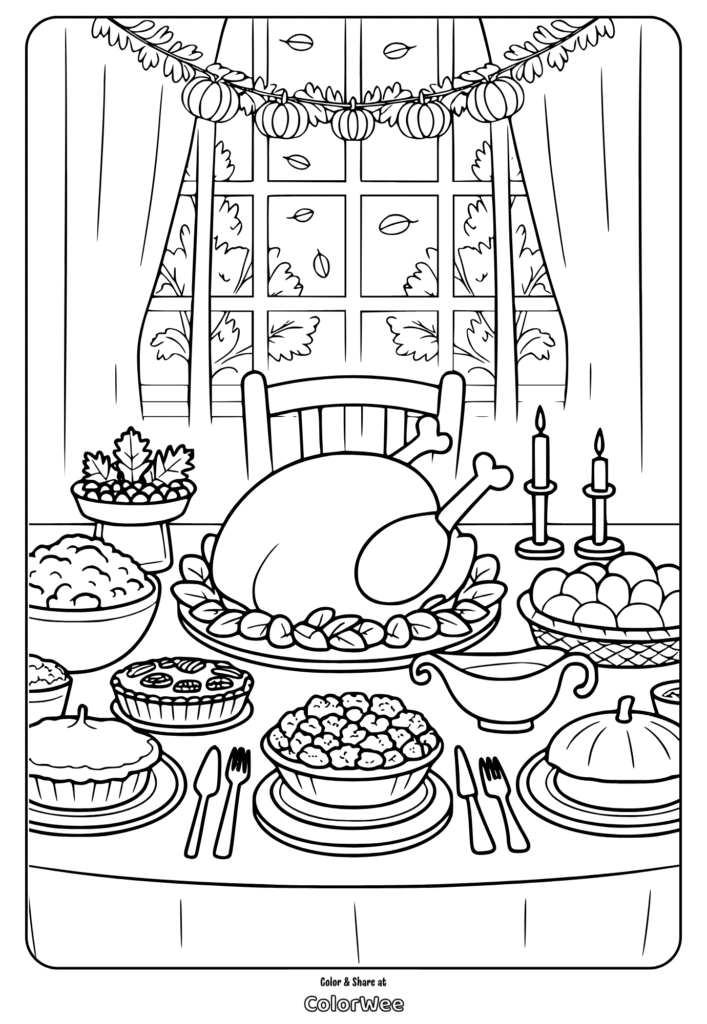 Thanksgiving feast coloring page with turkey and pies on table.