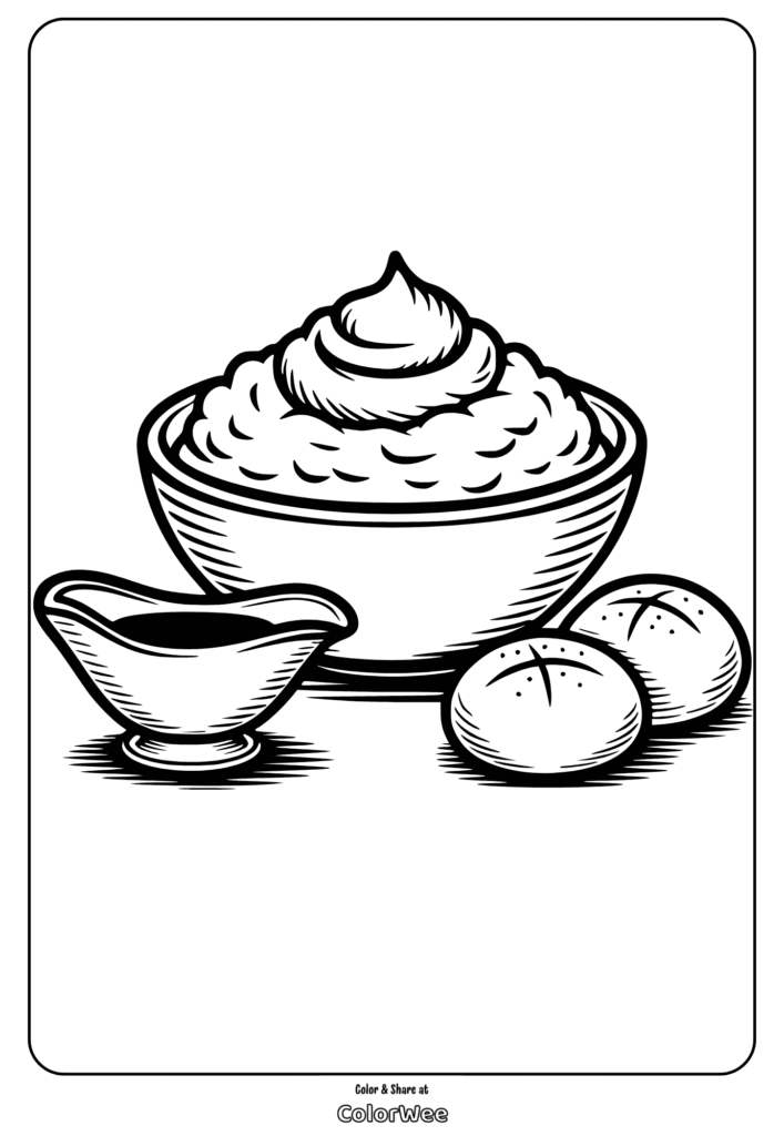 Mashed potatoes and gravy with rolls coloring page.