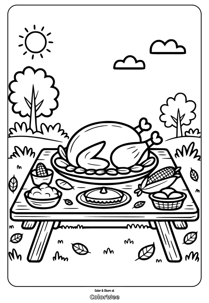 Thanksgiving picnic coloring page with turkey and sides.