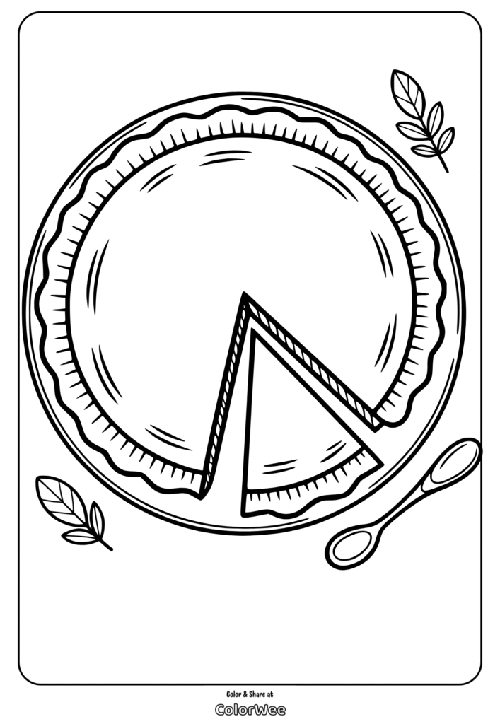 Pie coloring page with leaves and spoon, two slices cut out.