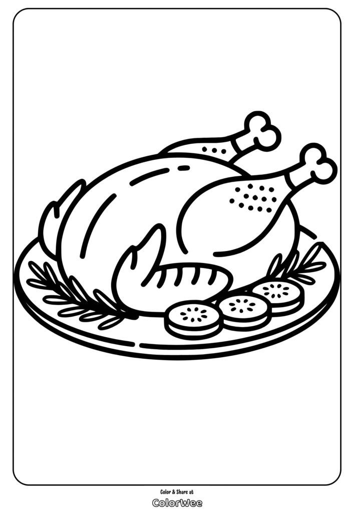 Roasted turkey on a platter coloring page with vegetables.