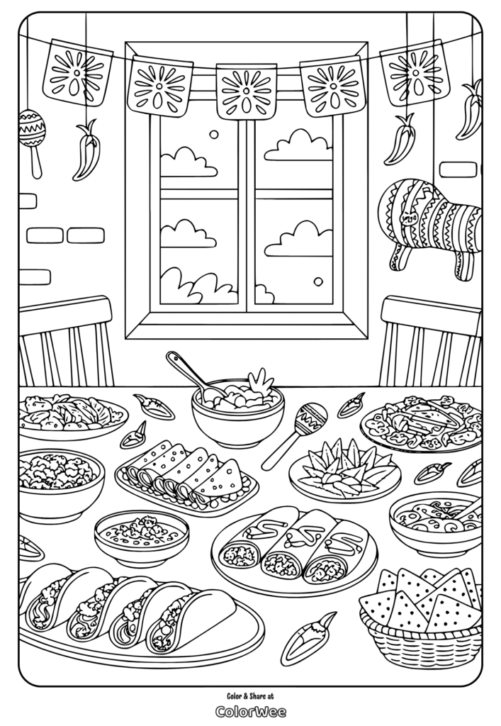 Mexican feast coloring page with tacos, nachos, and festive decor.