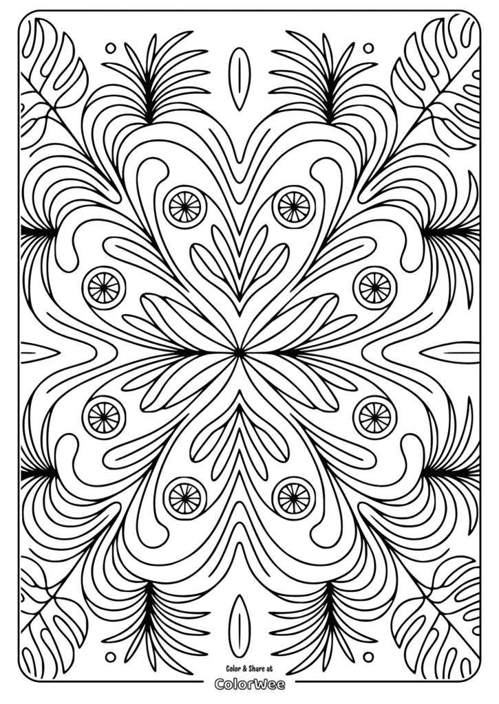 Tropical pattern coloring page with intricate leaf designs.