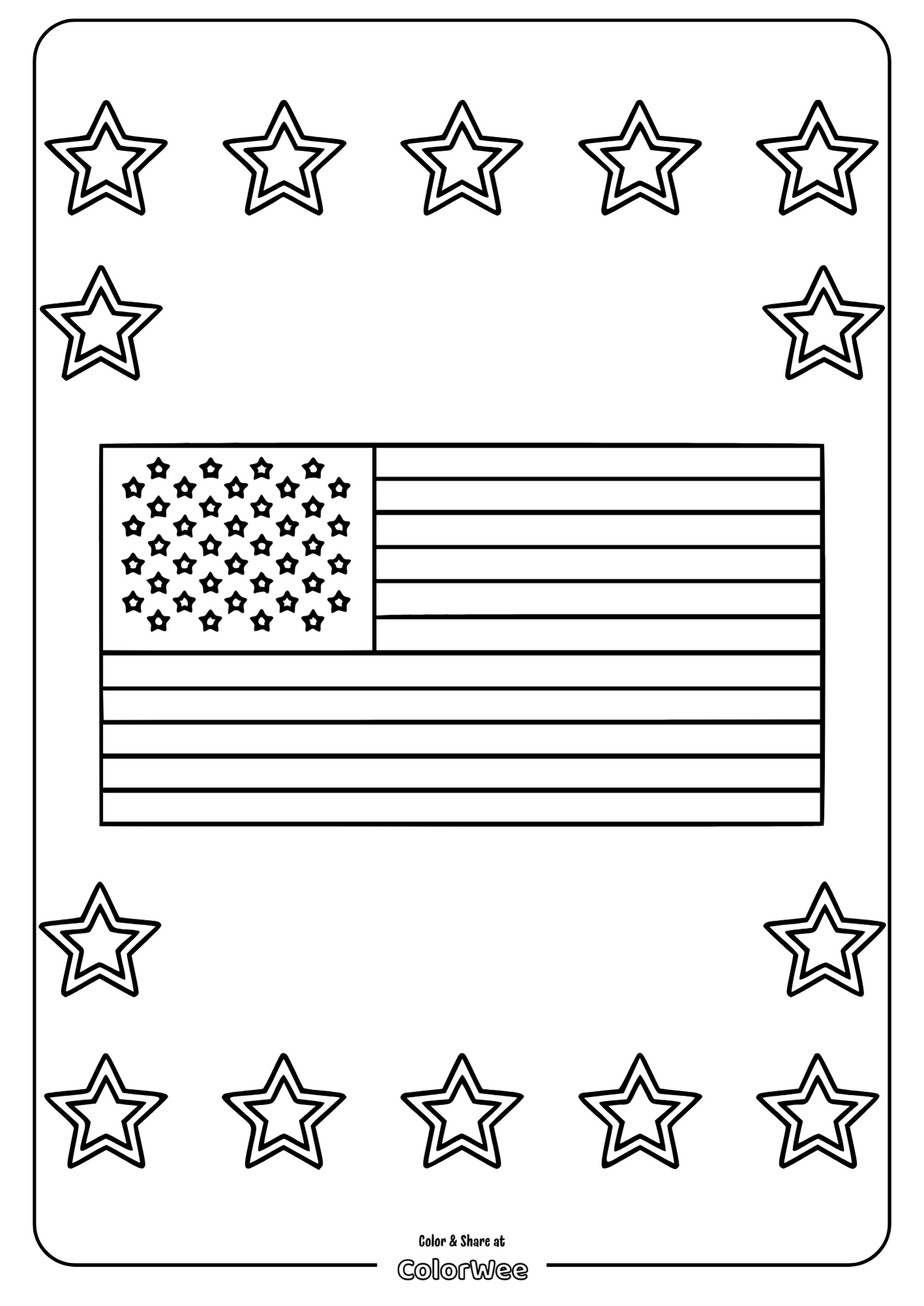 USA flag coloring page with stars for kids to color.