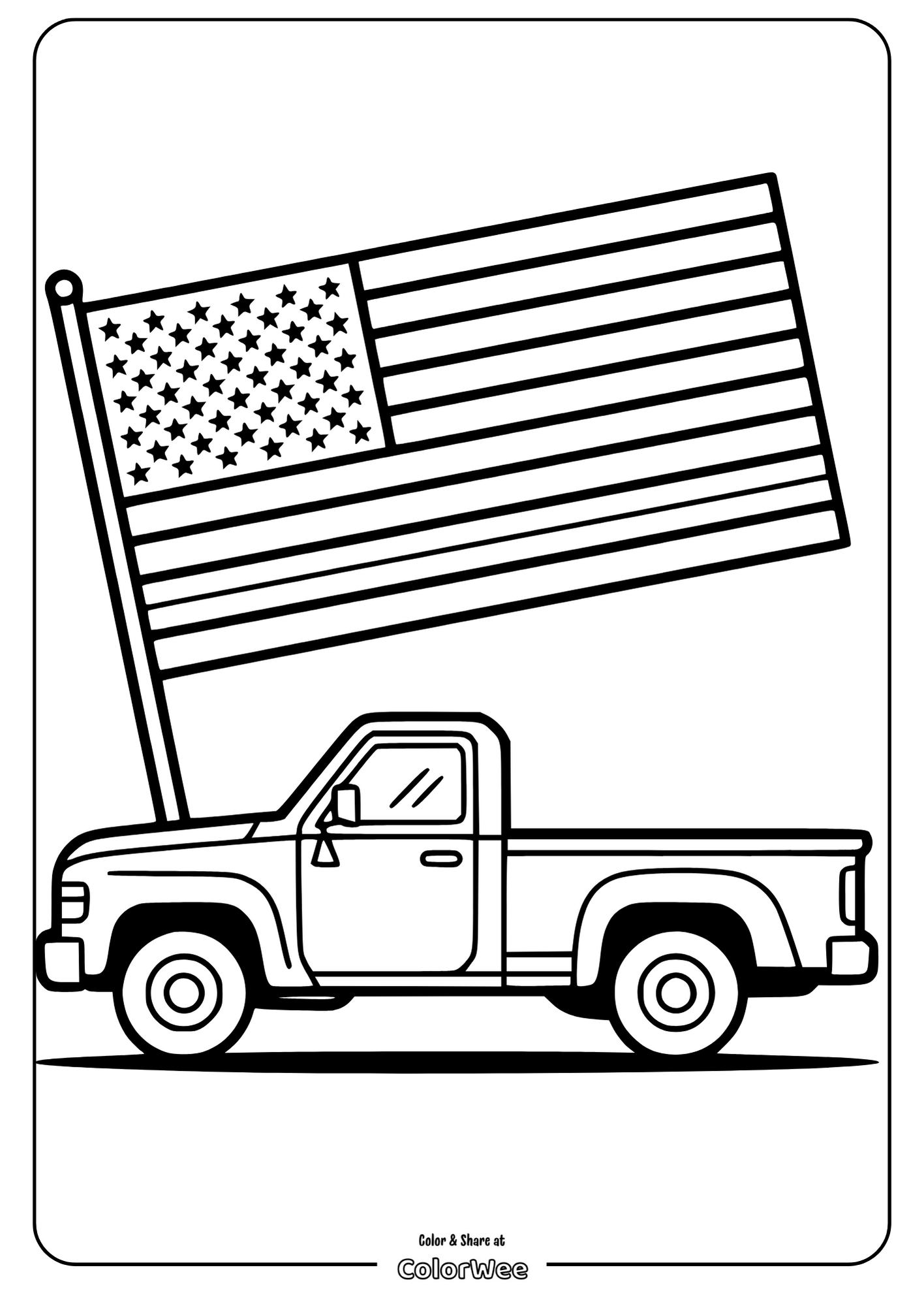Pickup truck with an American flag coloring page.