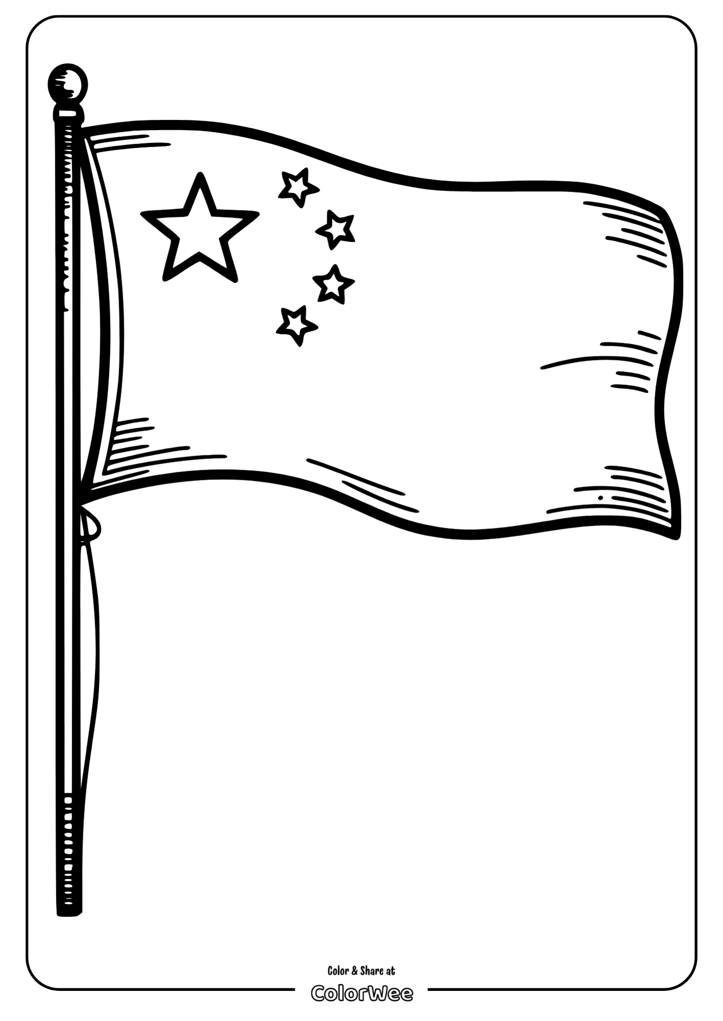 Coloring page of a waving flag with five stars outline