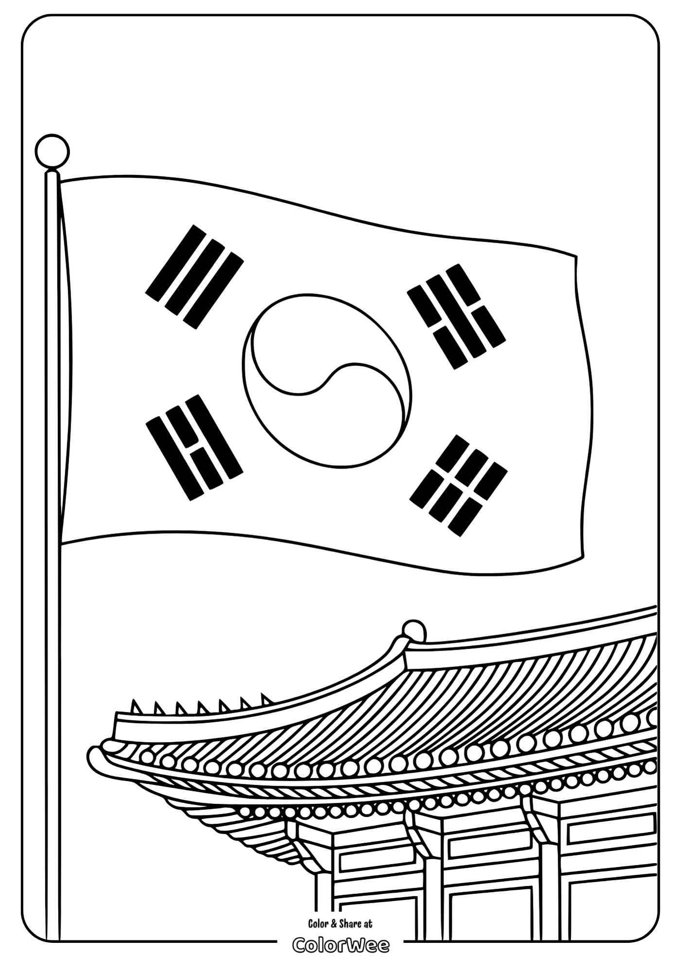 Korean flag and palace coloring page for kids.