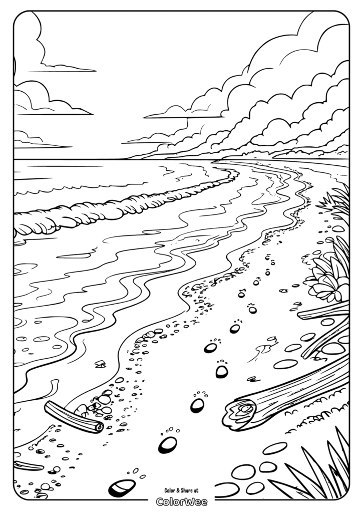 Beach scene coloring page with waves and drifting logs.