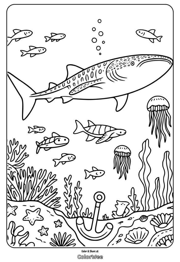 Underwater scene with whale shark and sea creatures coloring page.