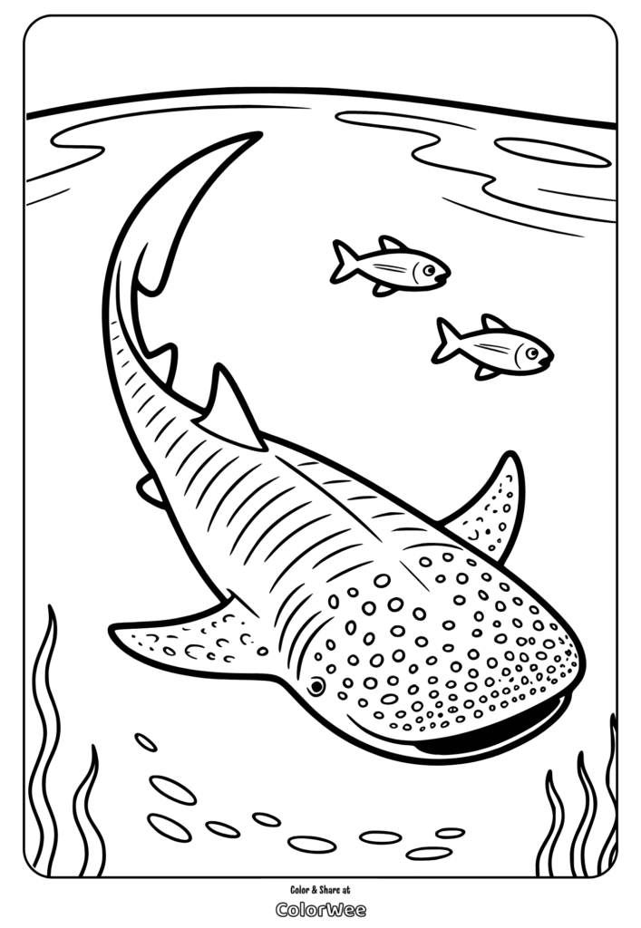 Whale shark coloring page with two small fish in the ocean.